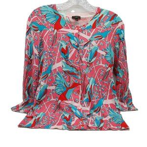 Talbots Cardigan Size PS Petite Small Bird Print Pink Blue 3/4 Sleeve Womens